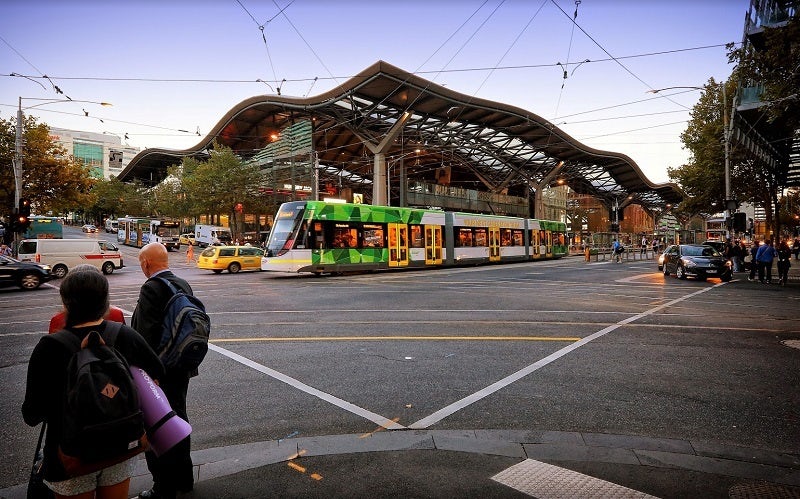Tram with Southern Cross Station roof in background